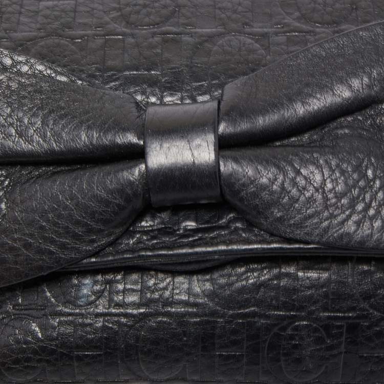 Pre Owned Carolina Herrera Black Monogram Embossed Leather Bow Chain Clutch