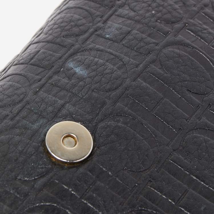 Pre Owned Carolina Herrera Black Monogram Embossed Leather Bow Chain Clutch