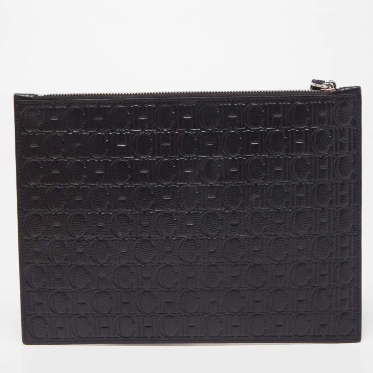 Pre Owned Carolina Herrera Black Monogram Embossed Leather Zip Wristlet Pouch 