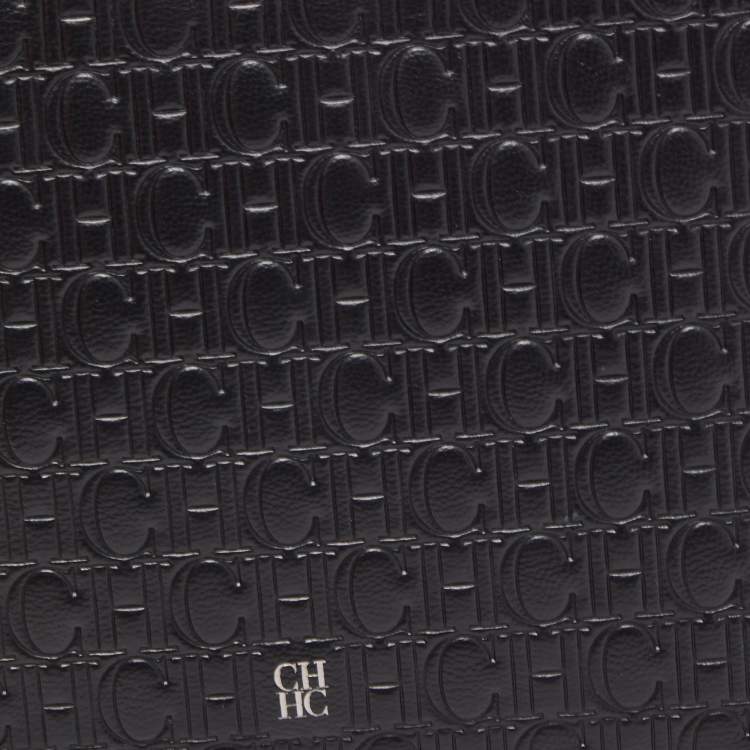 Pre Owned Carolina Herrera Black Monogram Embossed Leather Zip Wristlet Pouch 