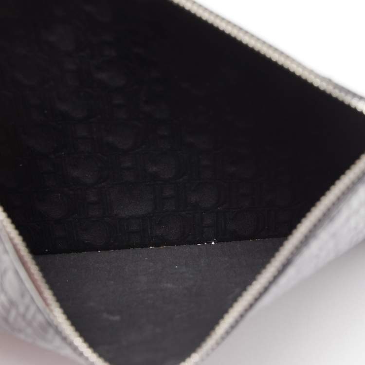 Pre Owned Carolina Herrera Black Monogram Embossed Leather Zip Wristlet Pouch 