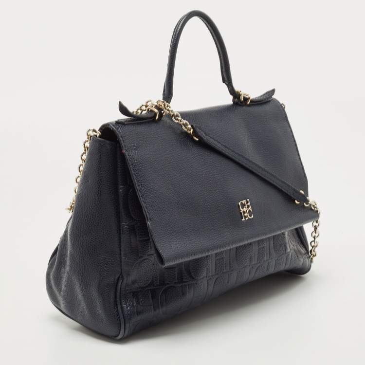 Pre Owned Carolina Herrera Navy Blue Leather Minueto Flap Bag