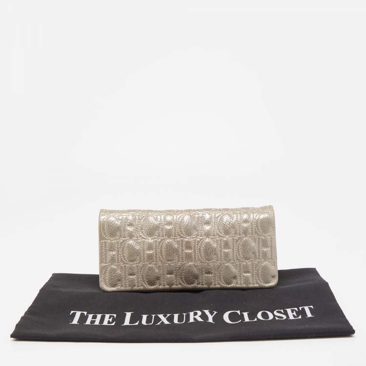 Pre Owned Carolina Herrera Grey Monogram Shimmer Suede Flap Clutch