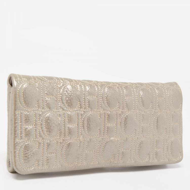Pre Owned Carolina Herrera Grey Monogram Shimmer Suede Flap Clutch