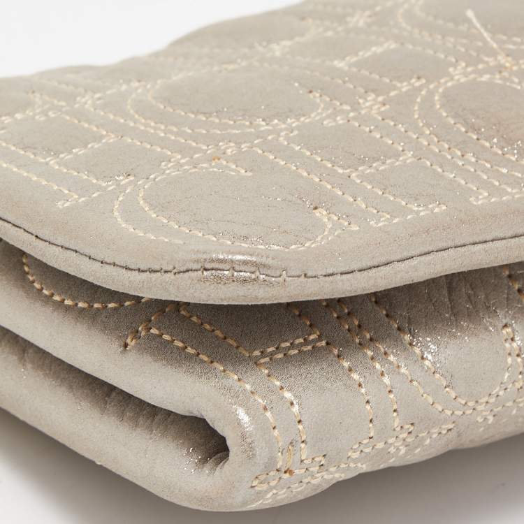 Pre Owned Carolina Herrera Grey Monogram Shimmer Suede Flap Clutch