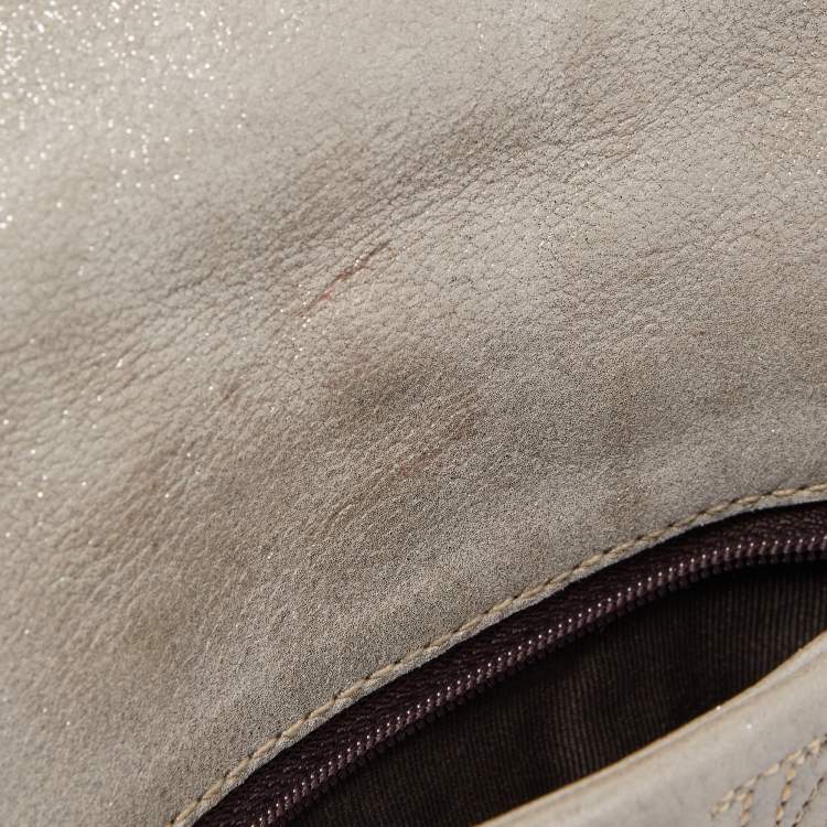 Pre Owned Carolina Herrera Grey Monogram Shimmer Suede Flap Clutch