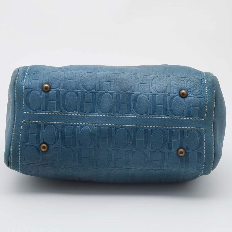 Pre Owned Carolina Herrera Light Blue Monogram Leather large Andy Boston Bag