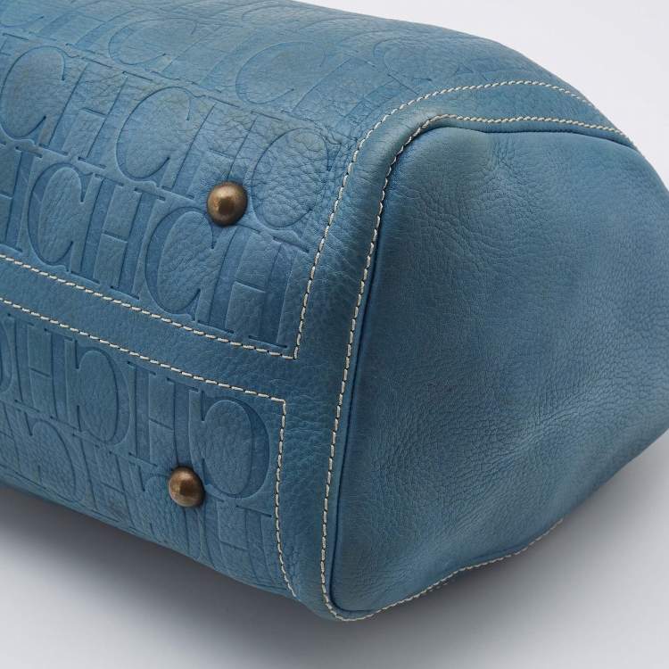 Pre Owned Carolina Herrera Light Blue Monogram Leather large Andy Boston Bag