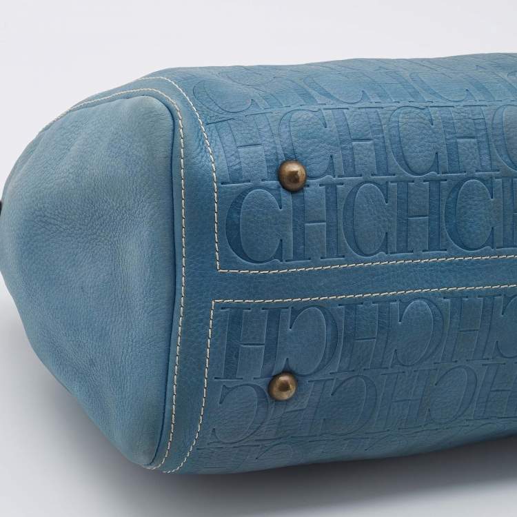 Pre Owned Carolina Herrera Light Blue Monogram Leather large Andy Boston Bag