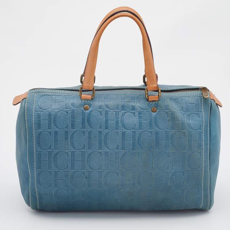 Pre Owned Carolina Herrera Light Blue Monogram Leather large Andy Boston Bag