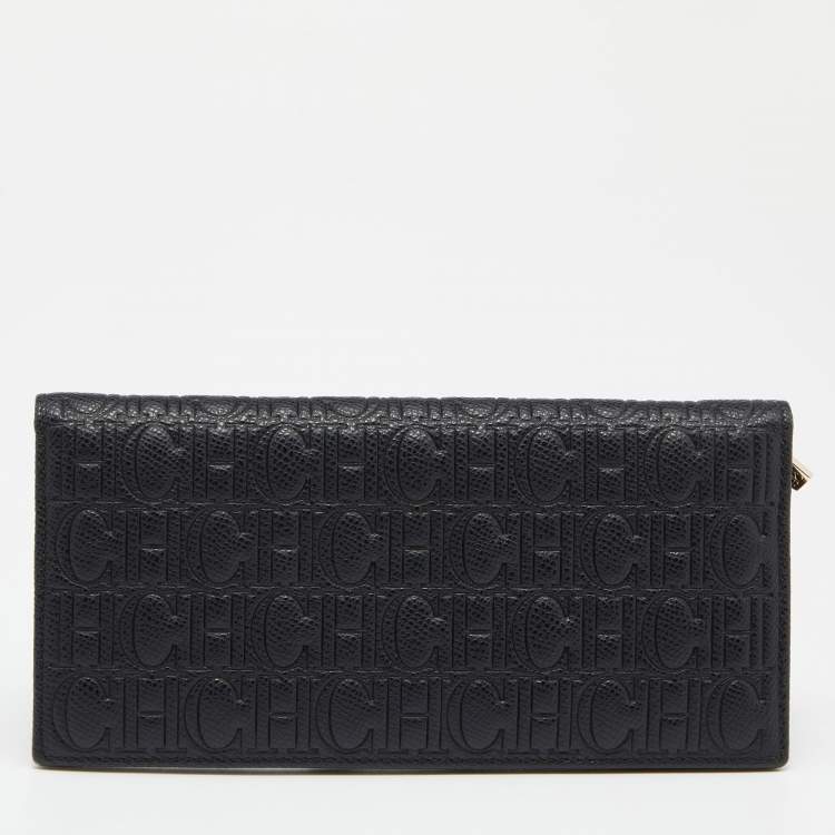 Pre Owned Carolina Herrera Black Monogram Leather Bifold Continental Wallet