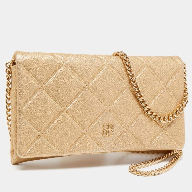 Pre Owned Carolina Herrera Beige Quilted Leather Flap Chain Clutch