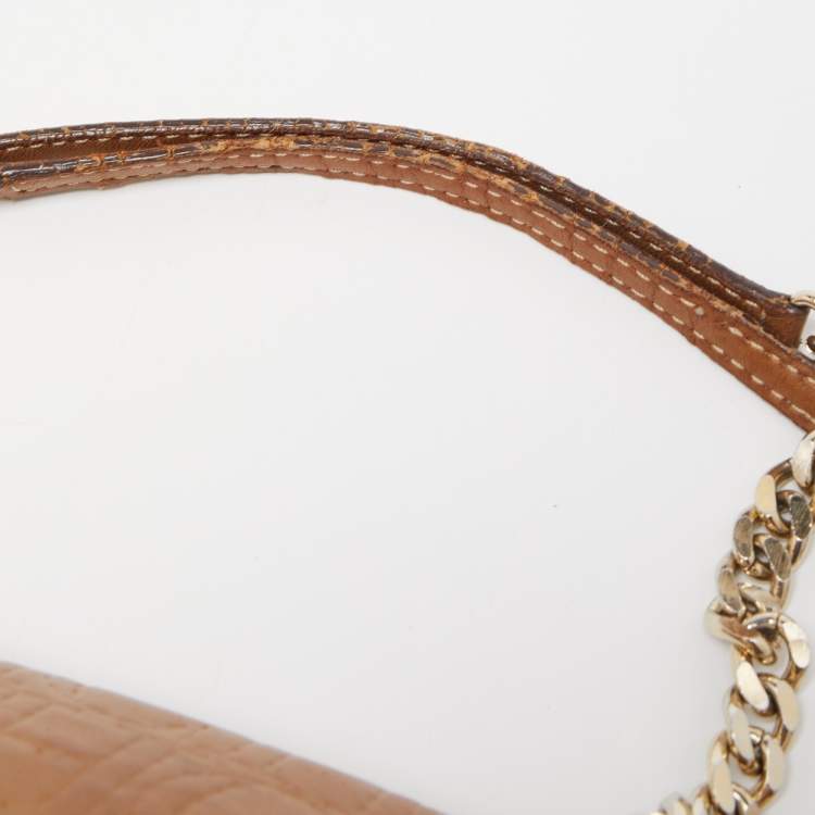 Pre Owned  Carolina Herrera Gold Quilted and Monogram Embossed Leather Flap Shoulder Bag 