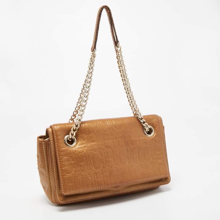Pre Owned  Carolina Herrera Gold Quilted and Monogram Embossed Leather Flap Shoulder Bag 