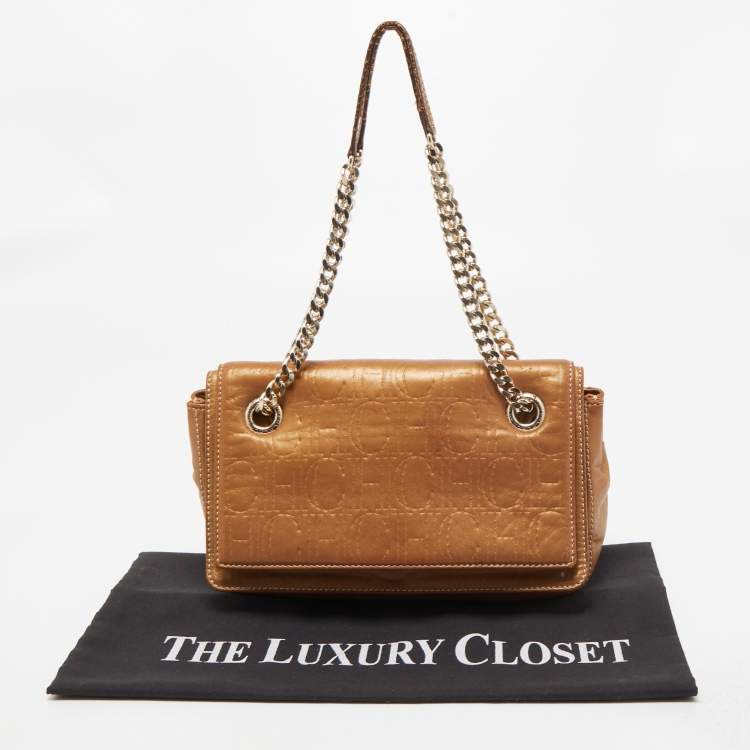 Pre Owned  Carolina Herrera Gold Quilted and Monogram Embossed Leather Flap Shoulder Bag 