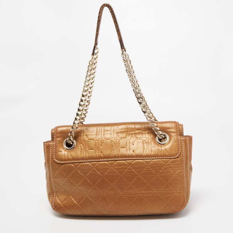 Pre Owned  Carolina Herrera Gold Quilted and Monogram Embossed Leather Flap Shoulder Bag 