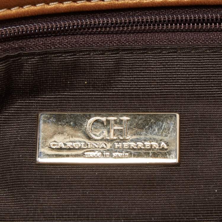 Pre Owned  Carolina Herrera Gold Quilted and Monogram Embossed Leather Flap Shoulder Bag 