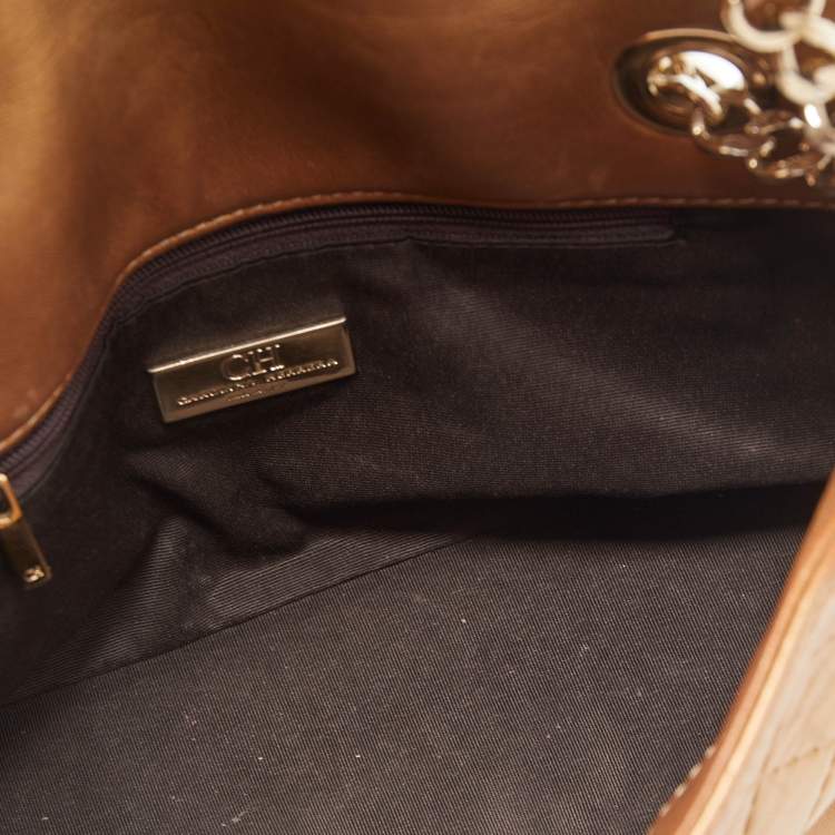 Pre Owned  Carolina Herrera Gold Quilted and Monogram Embossed Leather Flap Shoulder Bag 