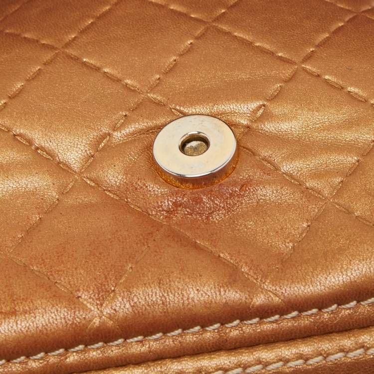 Pre Owned  Carolina Herrera Gold Quilted and Monogram Embossed Leather Flap Shoulder Bag 