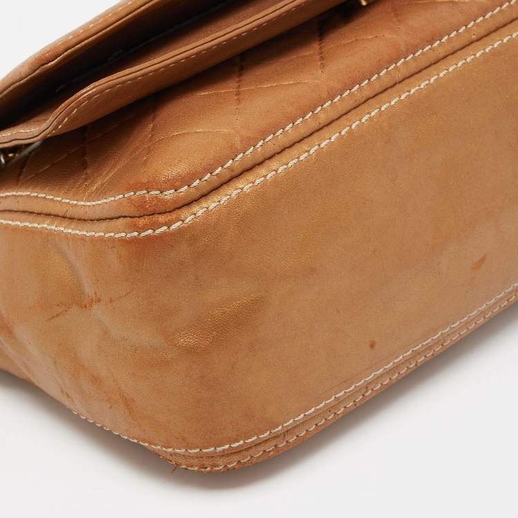 Pre Owned  Carolina Herrera Gold Quilted and Monogram Embossed Leather Flap Shoulder Bag 