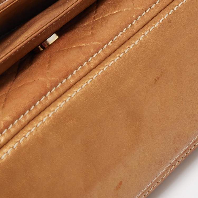 Pre Owned  Carolina Herrera Gold Quilted and Monogram Embossed Leather Flap Shoulder Bag 