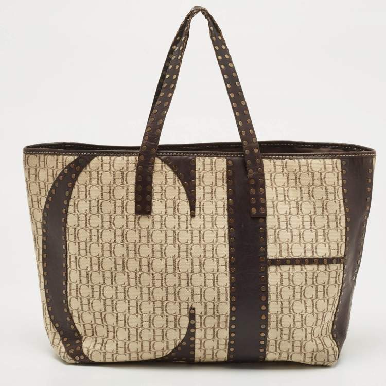 Pre Owned  Carolina Herrera Beige/Brown Monogram Canvas and Leather Studded Shopper Tote