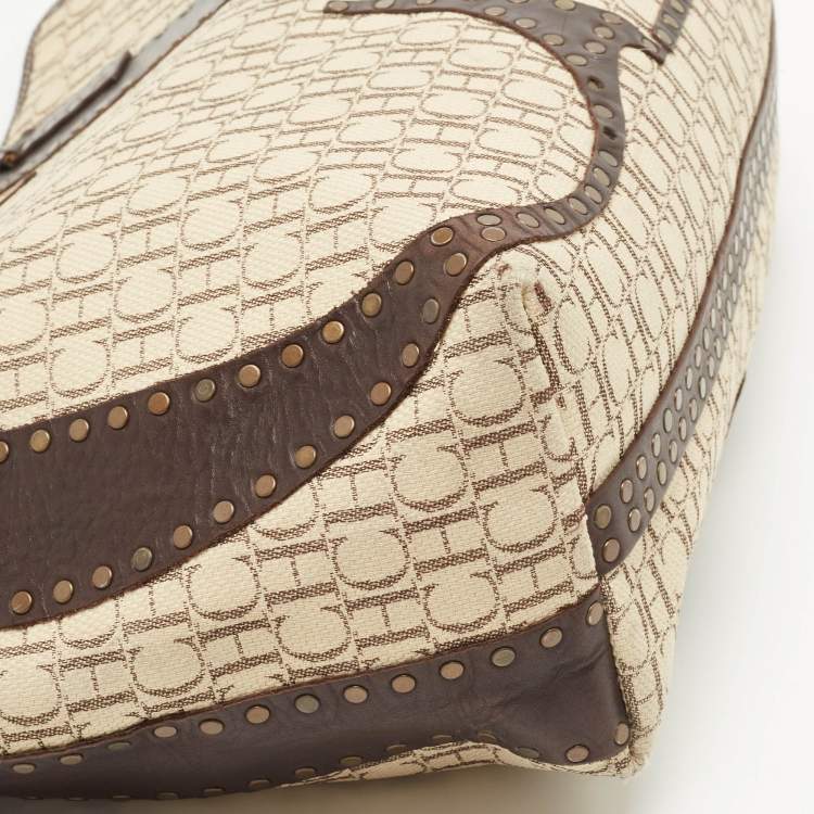 Pre Owned  Carolina Herrera Beige/Brown Monogram Canvas and Leather Studded Shopper Tote