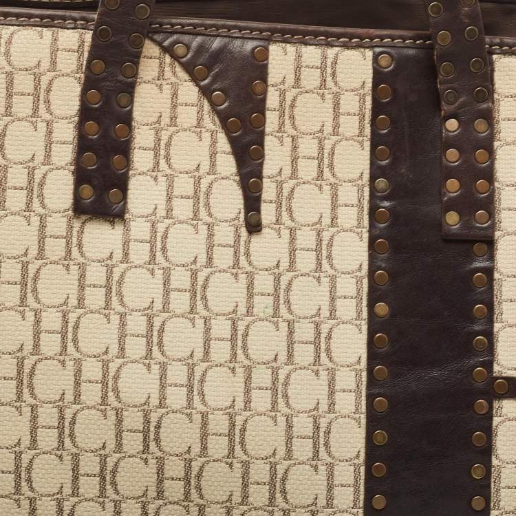 Pre Owned  Carolina Herrera Beige/Brown Monogram Canvas and Leather Studded Shopper Tote