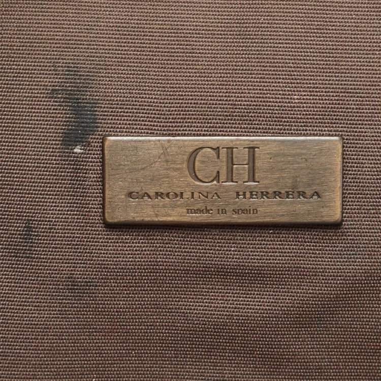 Pre Owned  Carolina Herrera Beige/Brown Monogram Canvas and Leather Studded Shopper Tote