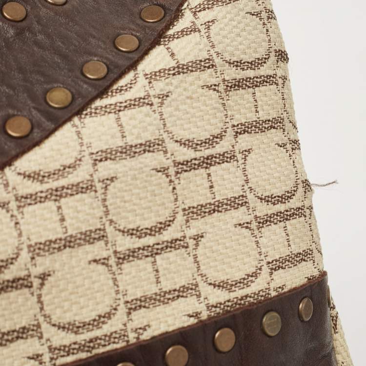 Pre Owned  Carolina Herrera Beige/Brown Monogram Canvas and Leather Studded Shopper Tote