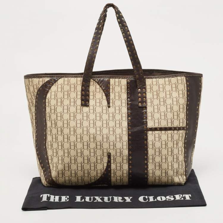 Pre Owned  Carolina Herrera Beige/Brown Monogram Canvas and Leather Studded Shopper Tote
