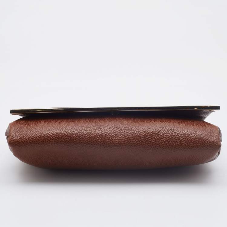 Pre Owned Carolina Herrera Brown Leather Logo Metal Flap Chain Clutch