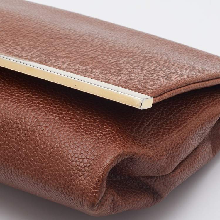 Pre Owned Carolina Herrera Brown Leather Logo Metal Flap Chain Clutch