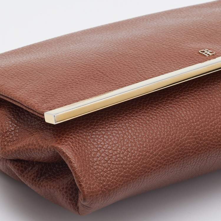 Pre Owned Carolina Herrera Brown Leather Logo Metal Flap Chain Clutch