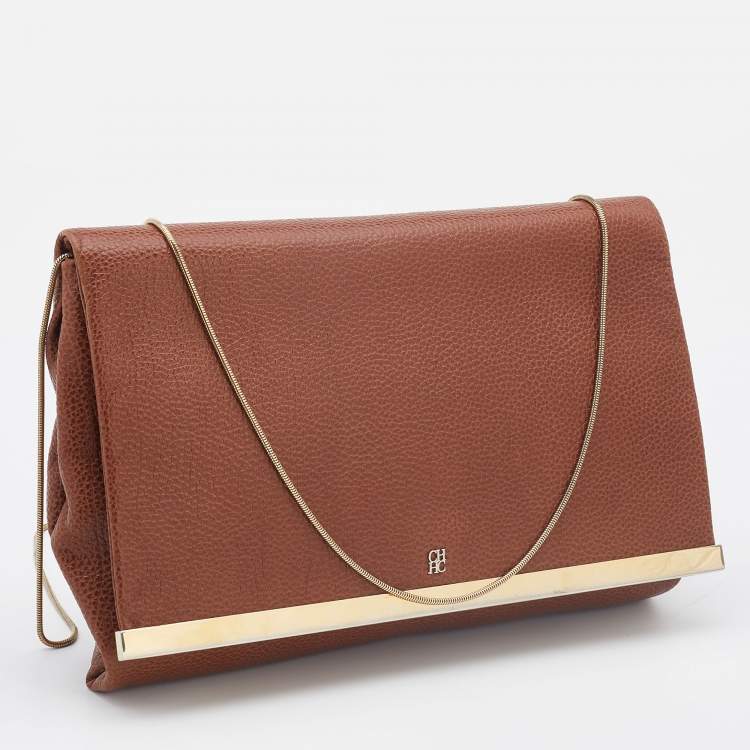Pre Owned Carolina Herrera Brown Leather Logo Metal Flap Chain Clutch