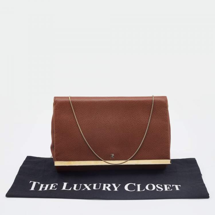 Pre Owned Carolina Herrera Brown Leather Logo Metal Flap Chain Clutch