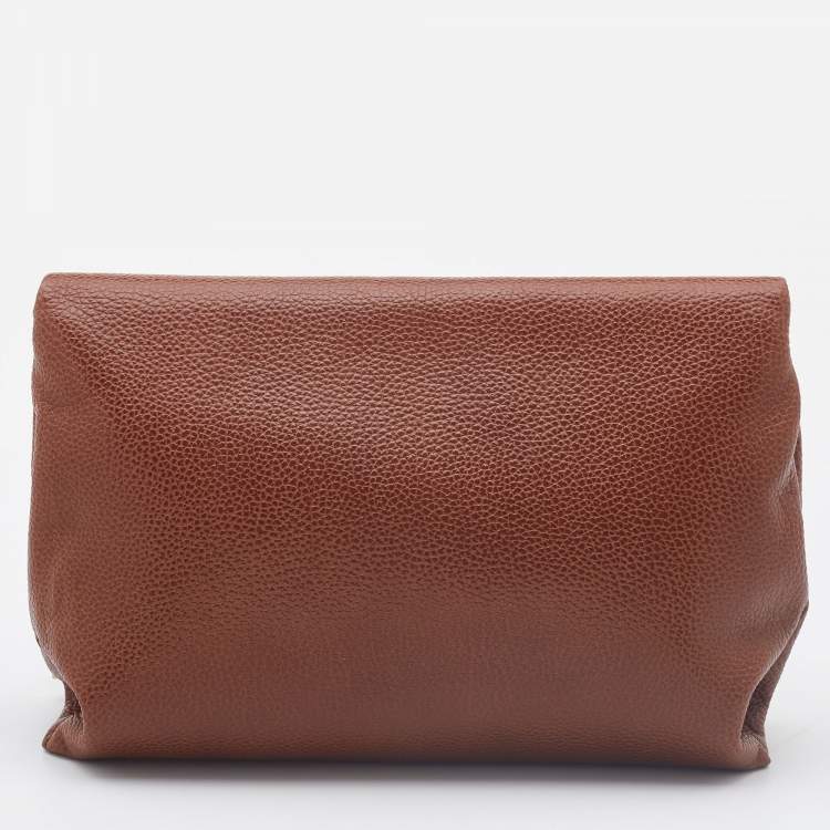 Pre Owned Carolina Herrera Brown Leather Logo Metal Flap Chain Clutch