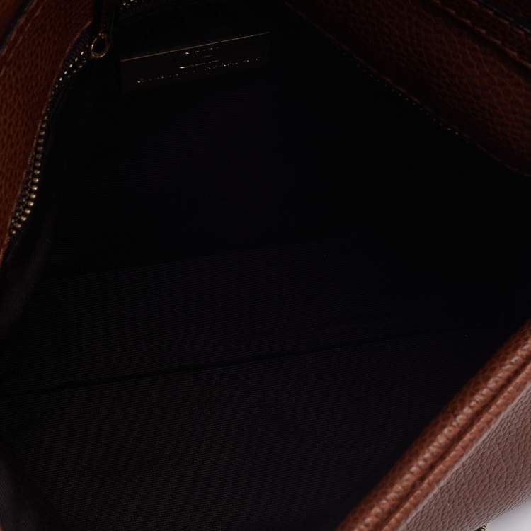 Pre Owned Carolina Herrera Brown Leather Logo Metal Flap Chain Clutch
