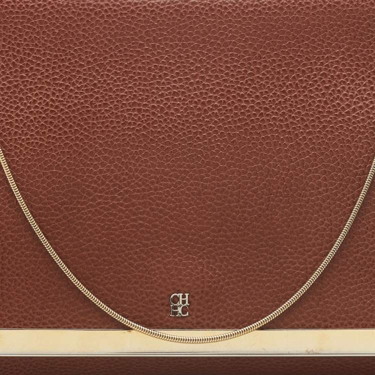 Pre Owned Carolina Herrera Brown Leather Logo Metal Flap Chain Clutch