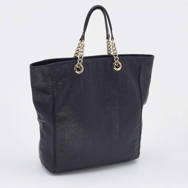 Pre Owned Carolina Herrera Black Monogram Leather Chain Tote