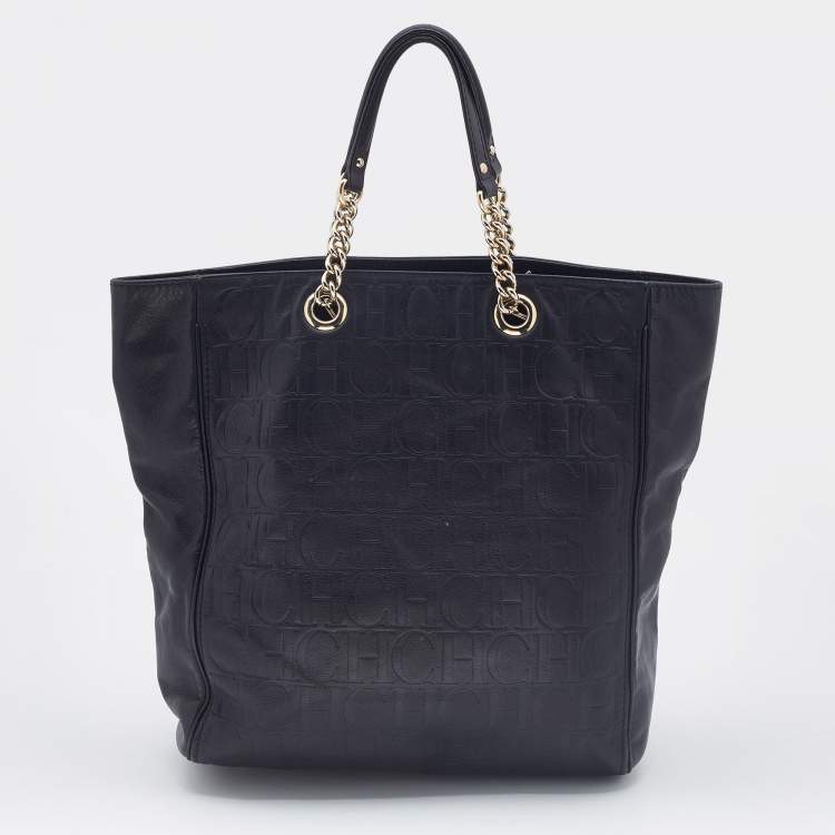 Pre Owned Carolina Herrera Black Monogram Leather Chain Tote