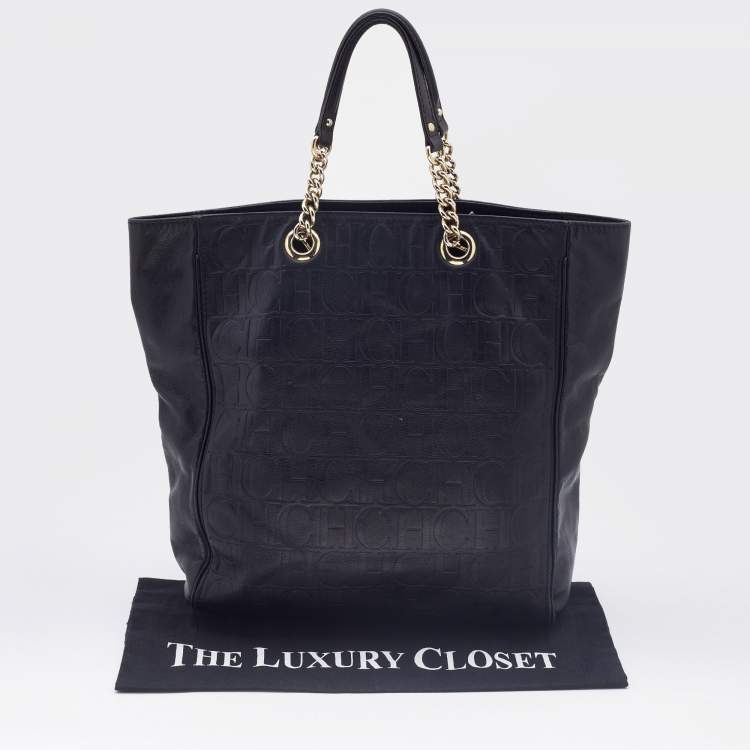 Pre Owned Carolina Herrera Black Monogram Leather Chain Tote