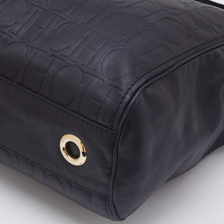 Pre Owned Carolina Herrera Black Monogram Leather Chain Tote