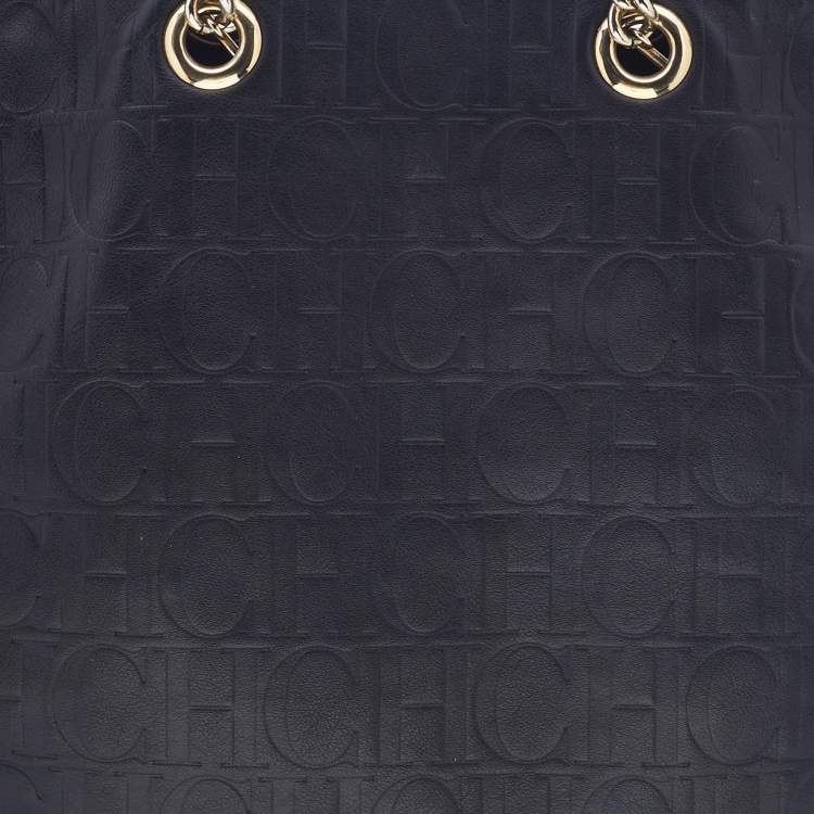 Pre Owned Carolina Herrera Black Monogram Leather Chain Tote