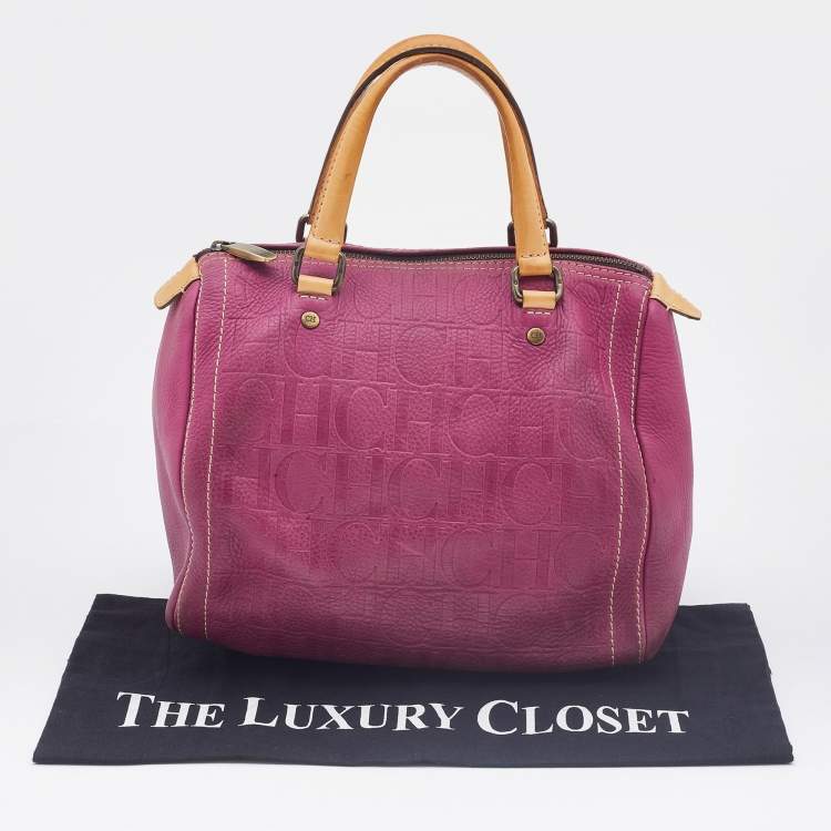 Pre Owned Carolina Herrera Pink/Brown Monogram Leather Small Andy Boston Bag