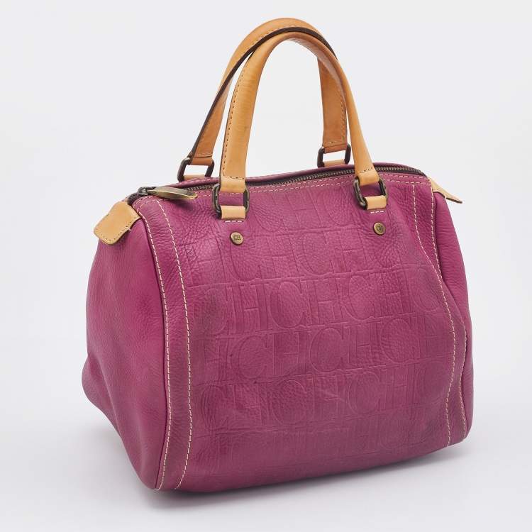 Pre Owned Carolina Herrera Pink/Brown Monogram Leather Small Andy Boston Bag