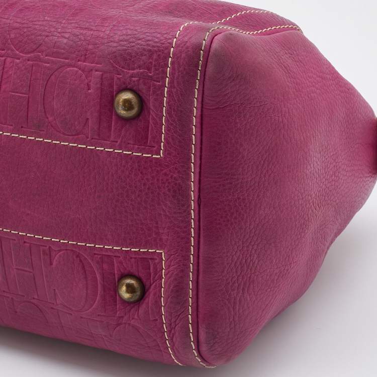 Pre Owned Carolina Herrera Pink/Brown Monogram Leather Small Andy Boston Bag