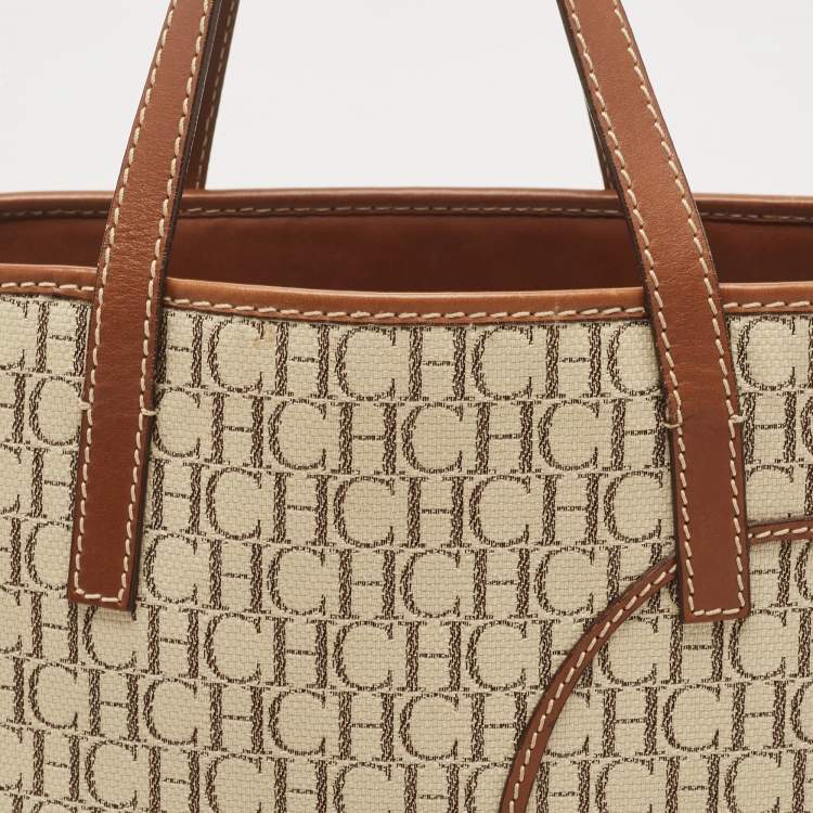 Pre Owned Carolina Herrera Brown/Beige Monogram Canvas and Leather Patchwork Tote