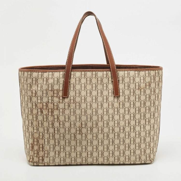 Pre Owned Carolina Herrera Brown/Beige Monogram Canvas and Leather Patchwork Tote