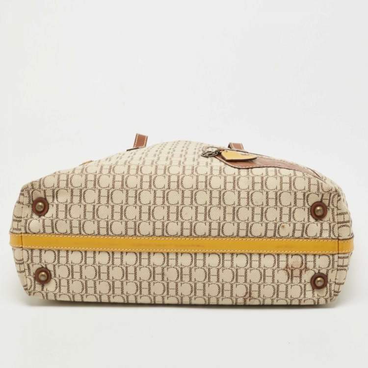 Pre Owned Carolina Herrera Brown/Beige Monogram Canvas and Leather Patchwork Tote